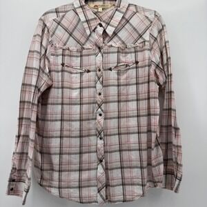 Cumberland Outfitters Women 1X Pink‎ Brown Plaid Snap Front Western Shirt Frayed